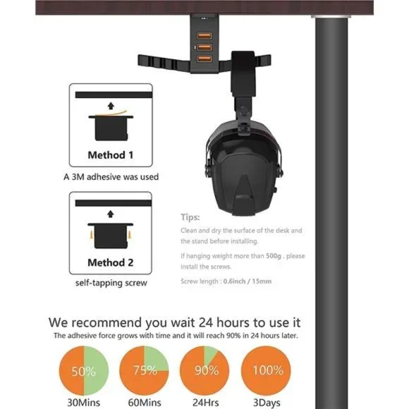 Headphone Stand with USB Charger Under Desk Headset Holder Mount with 3 Port USB